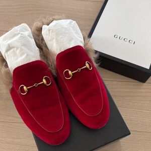 Gucci Red Velvet Moccasins with Gold Detail